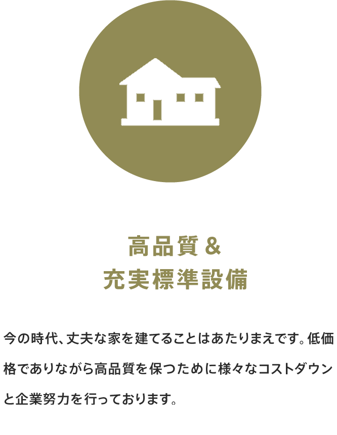 高品質＆充実標準設備 今の時代、丈夫な家を建てることはあたりまえです。低価格でありながら高品質を保つために様々なコストダウンと企業努力を行っております。