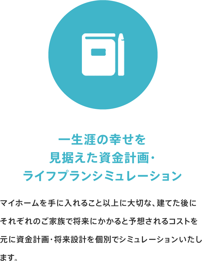 一生涯の幸せを見据えた資金計画・ライフプランシミュレーション マイホームを手に入れること以上に大切な、建てた後にそれぞれのご家族で将来にかかると予想されるコストを元に資金計画・将来設計を個別でシミュレーションいたします。
