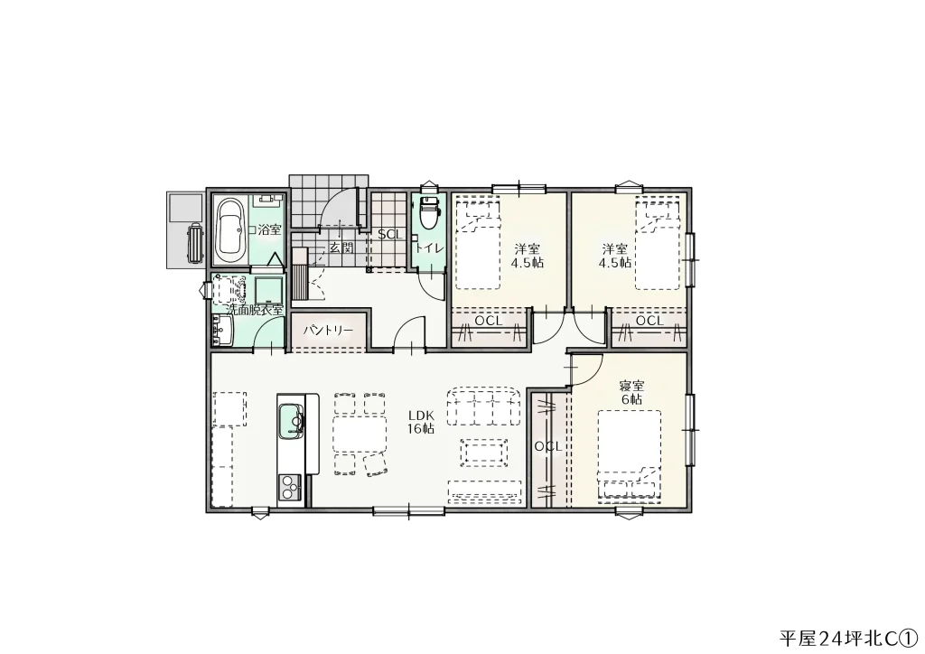 24坪　北玄関 Cプラン　3LDK　　　　　　　　1,368万円（税抜）
