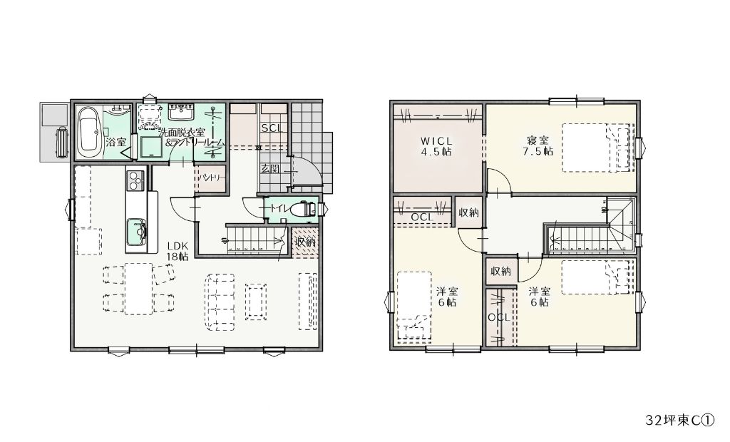 32坪　東玄関 Cプラン　3LDK　　　　　　　　1,398万円（税抜）　　