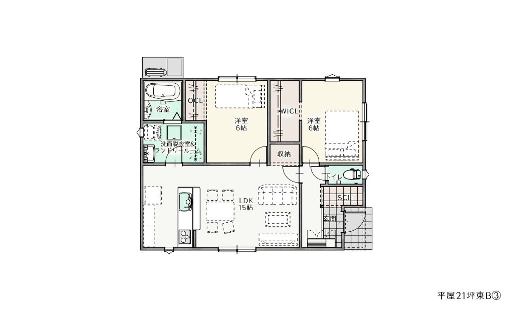 21坪　東玄関 Bプラン　2LDK　　　　　　　　1,258万円（税抜）
