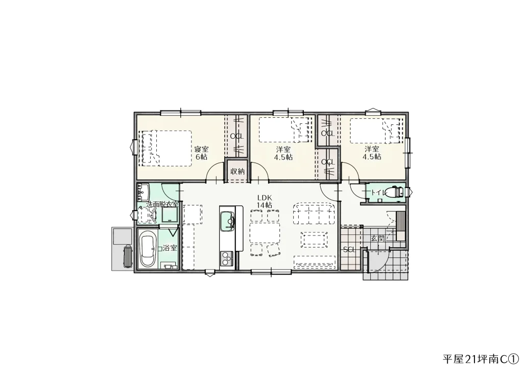 21坪　南玄関 Cプラン　3LDK　　　　　　　　1,258万円（税抜）
